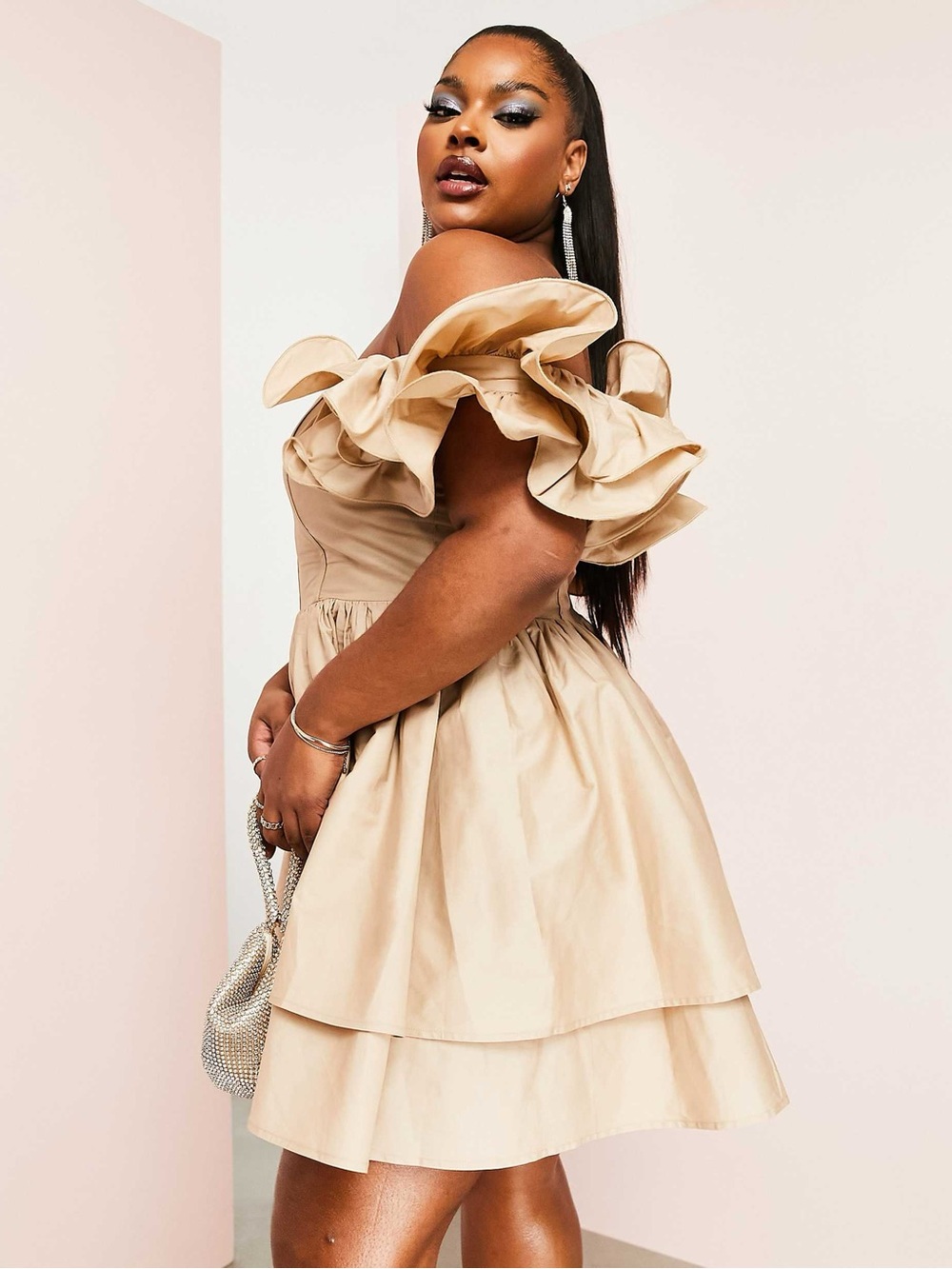 Tiered Ruffle Sleeve ASOS Mini Dress in Beige - Picture 3 of 7